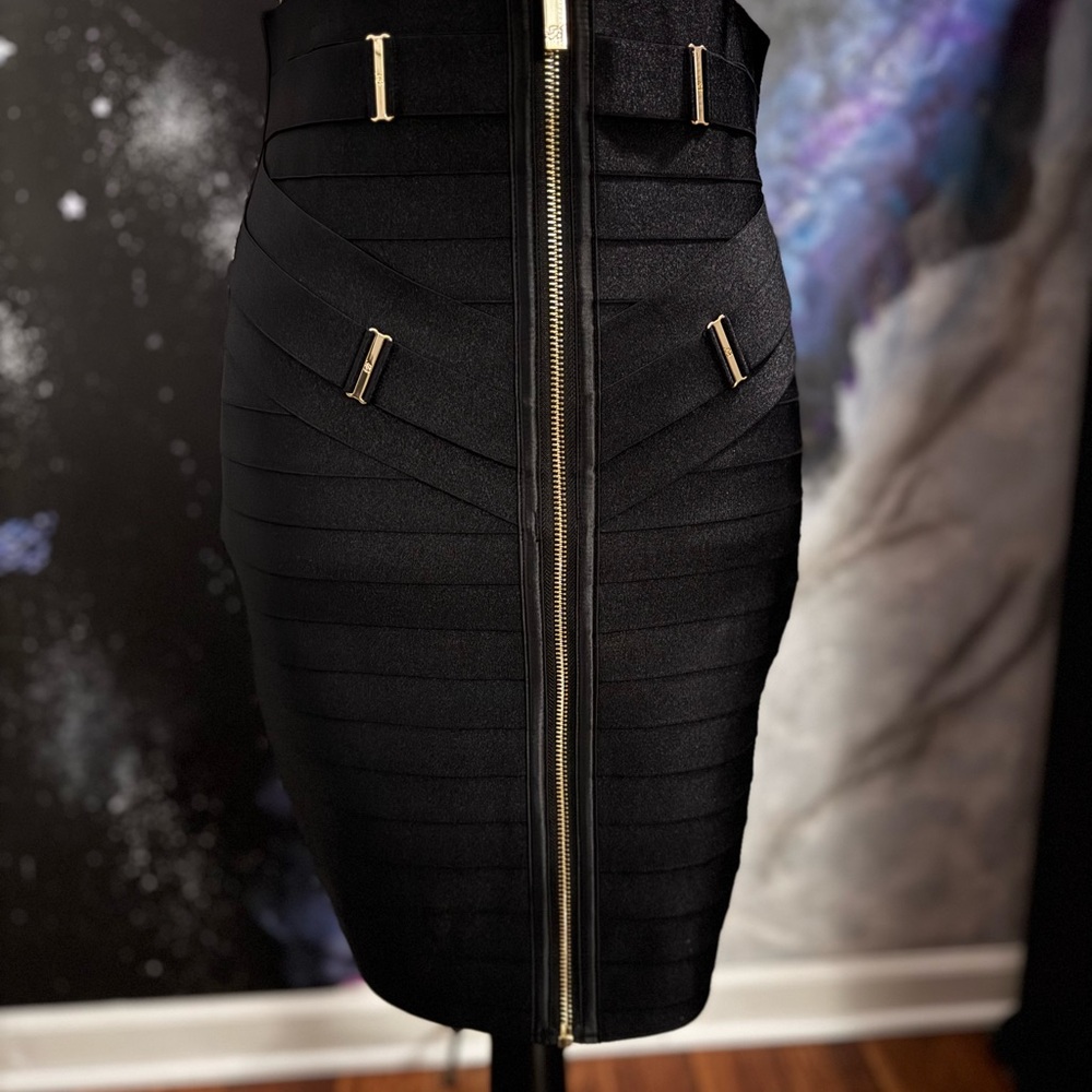 Honey Birdette Black Pencil Skirt with Gold Details